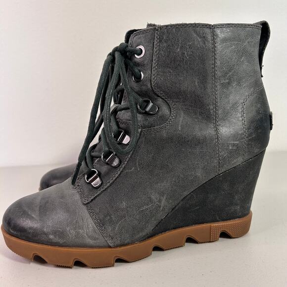 Sorel Womens Joan Uptown Wedge‎ Heel Boot Lace Up Zip Leather Gray Size 9.5 - Picture 3 of 14